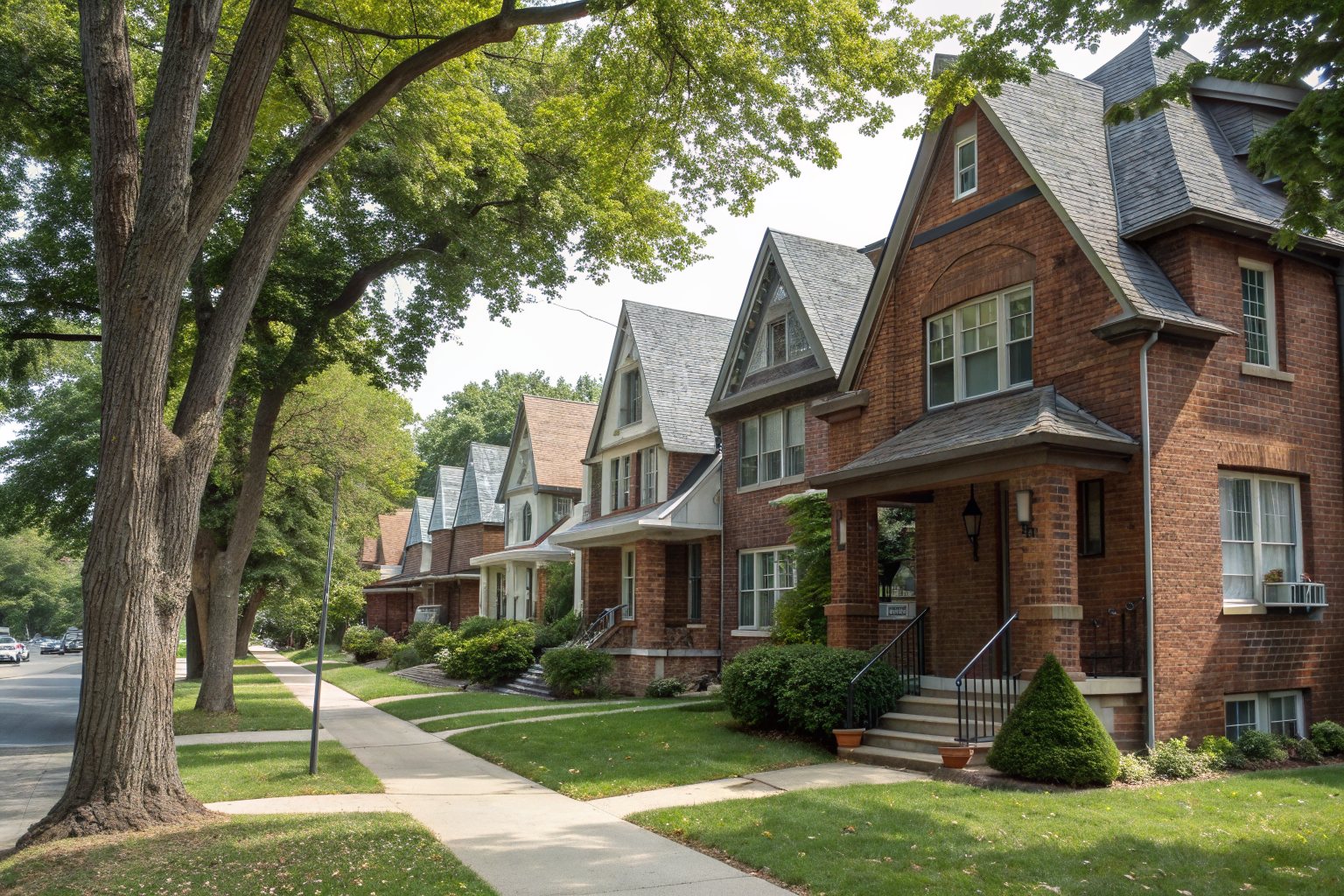 A row of brick townhomes with steep shingle roofs and dormers along a tree-lined sidewalk