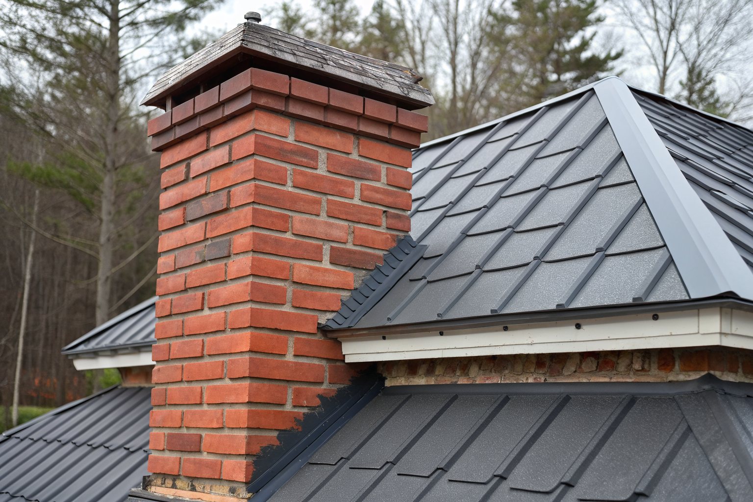 Dark metal shingle-style roof panels and flashing around a red brick chimney