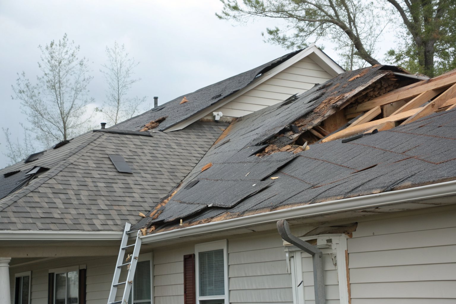 A storm-damaged roof with torn shingles and broken decking near the ridge, a ladder against the house
