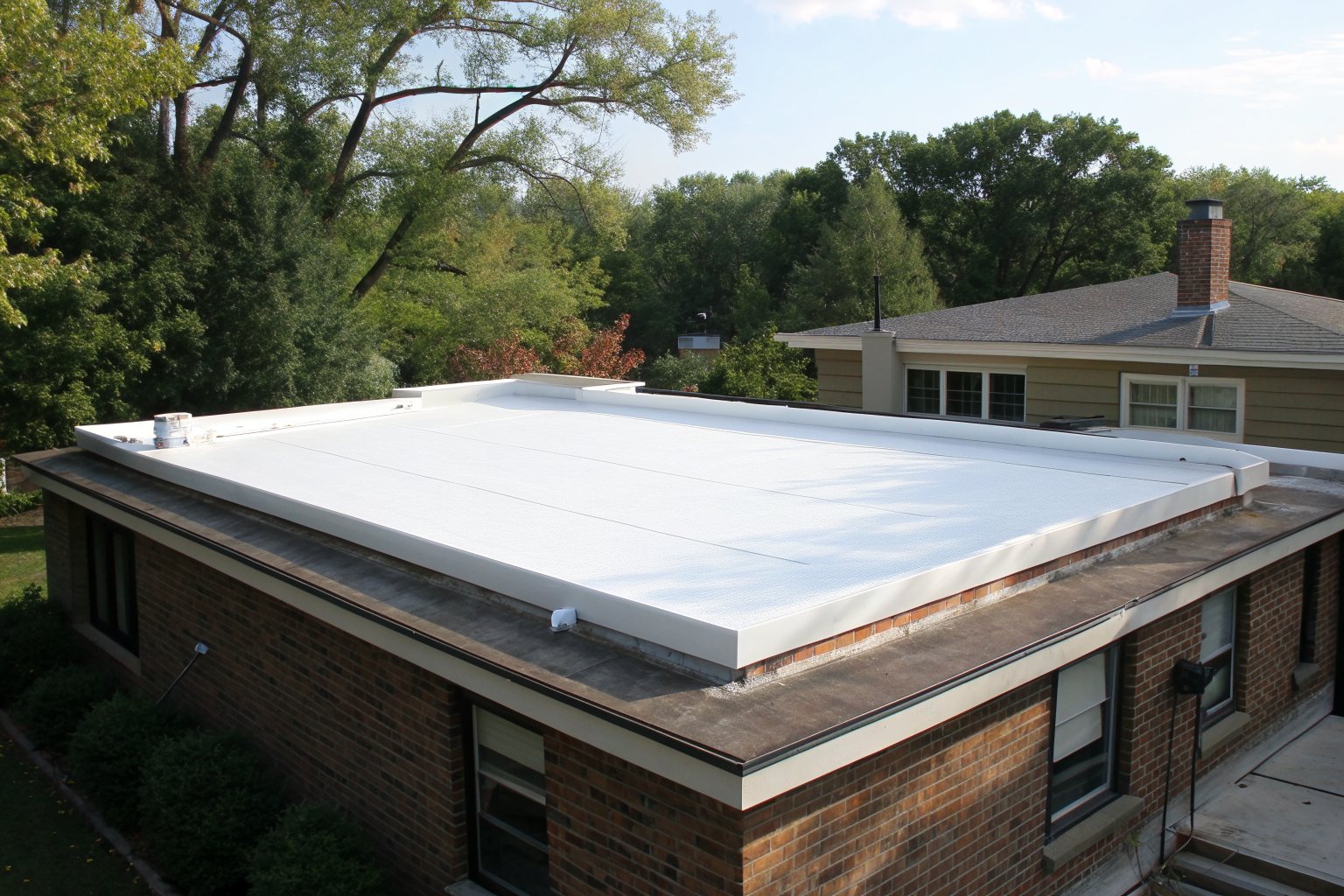 A low-slope roof with a new white membrane on a one-story brick addition among trees