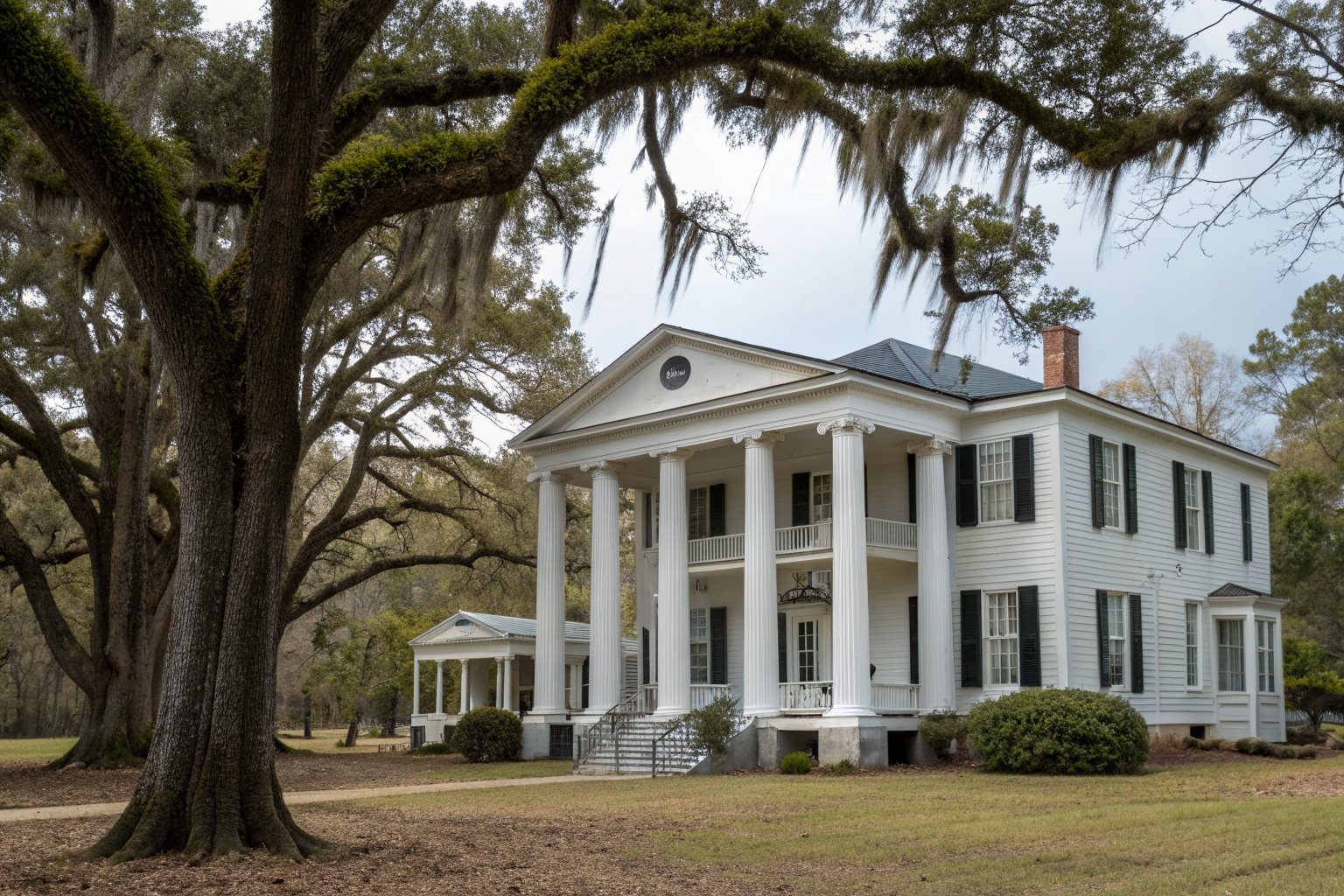 A white two-story antebellum house with tall columns and a dark roof behind large old trees