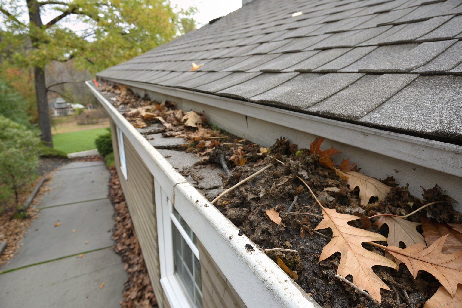 A white gutter along a shingle roof edge packed with oak leaves, pine needles and grit