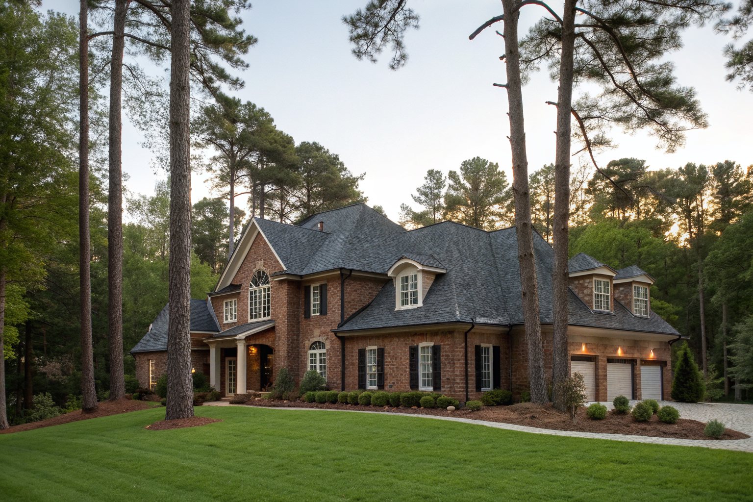 A large two-story brick home with a dark gray shingle roof among tall pines and oaks at dusk