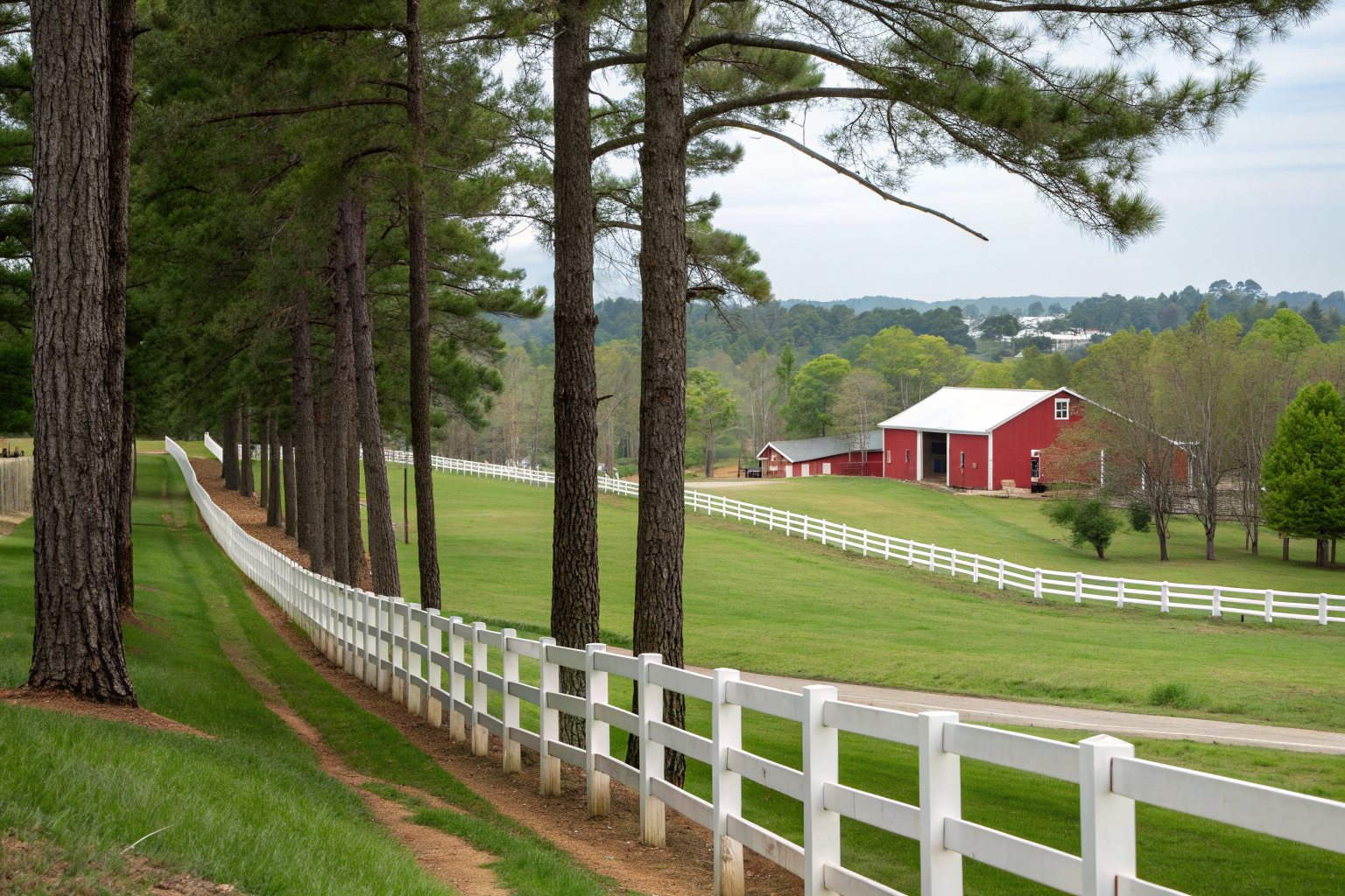 A white board fence along a green pasture with a red barn and tall pines