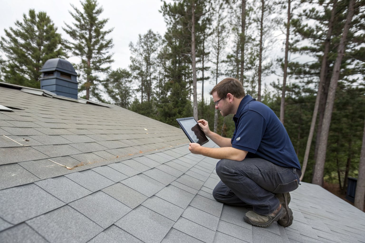 A roof inspector kneeling on a gray shingle roof and photographing it with a tablet, pines behind