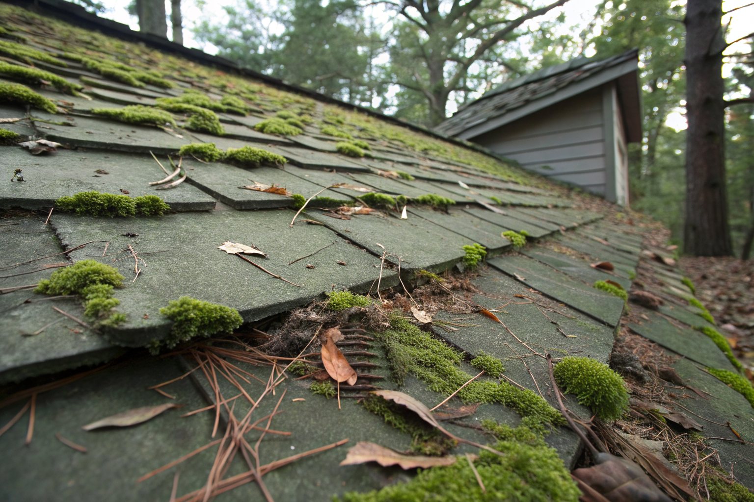 Close view of shaded shingles covered in green moss, pine needles and leaf litter