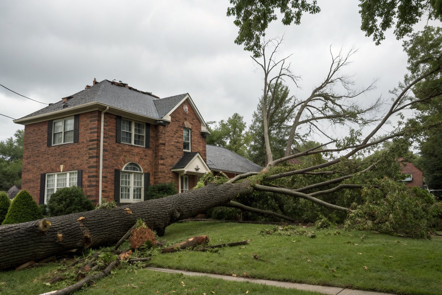 A large oak uprooted by a storm and lying across the front lawn of a two-story brick home