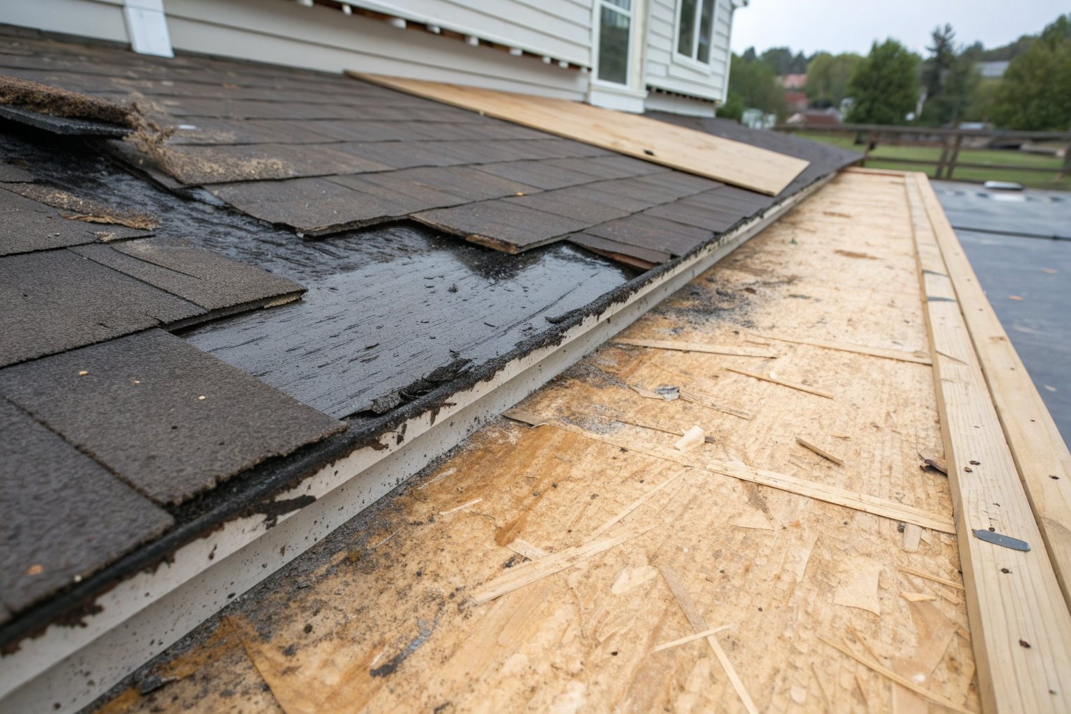 Dark, water-damaged roof decking exposed during a tear-off beside new plywood