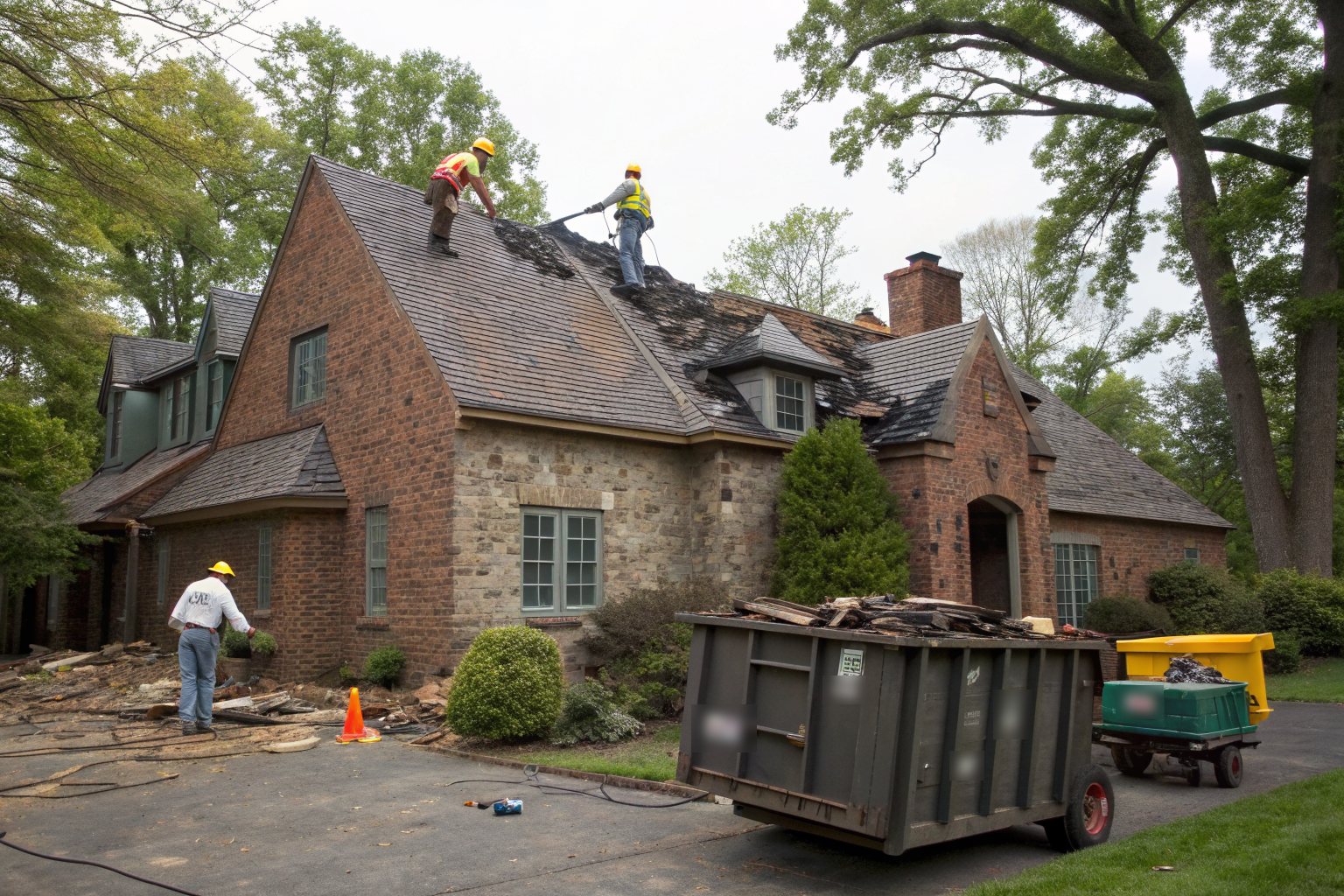 Roofers stripping old shingles from the steep roof of a large brick and stone house, a dumpster in the drive