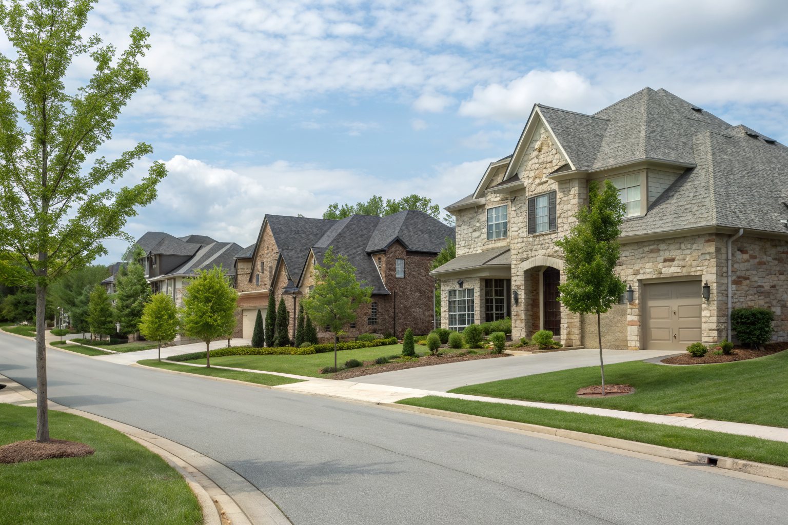 A street of newer two-story stone and brick homes with gray shingle roofs and young trees