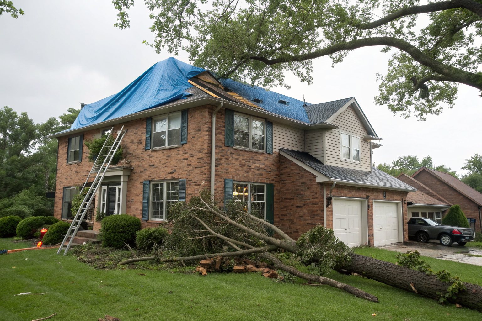 A blue tarp over part of the roof of a brick two-story home, with cut tree limbs on the lawn